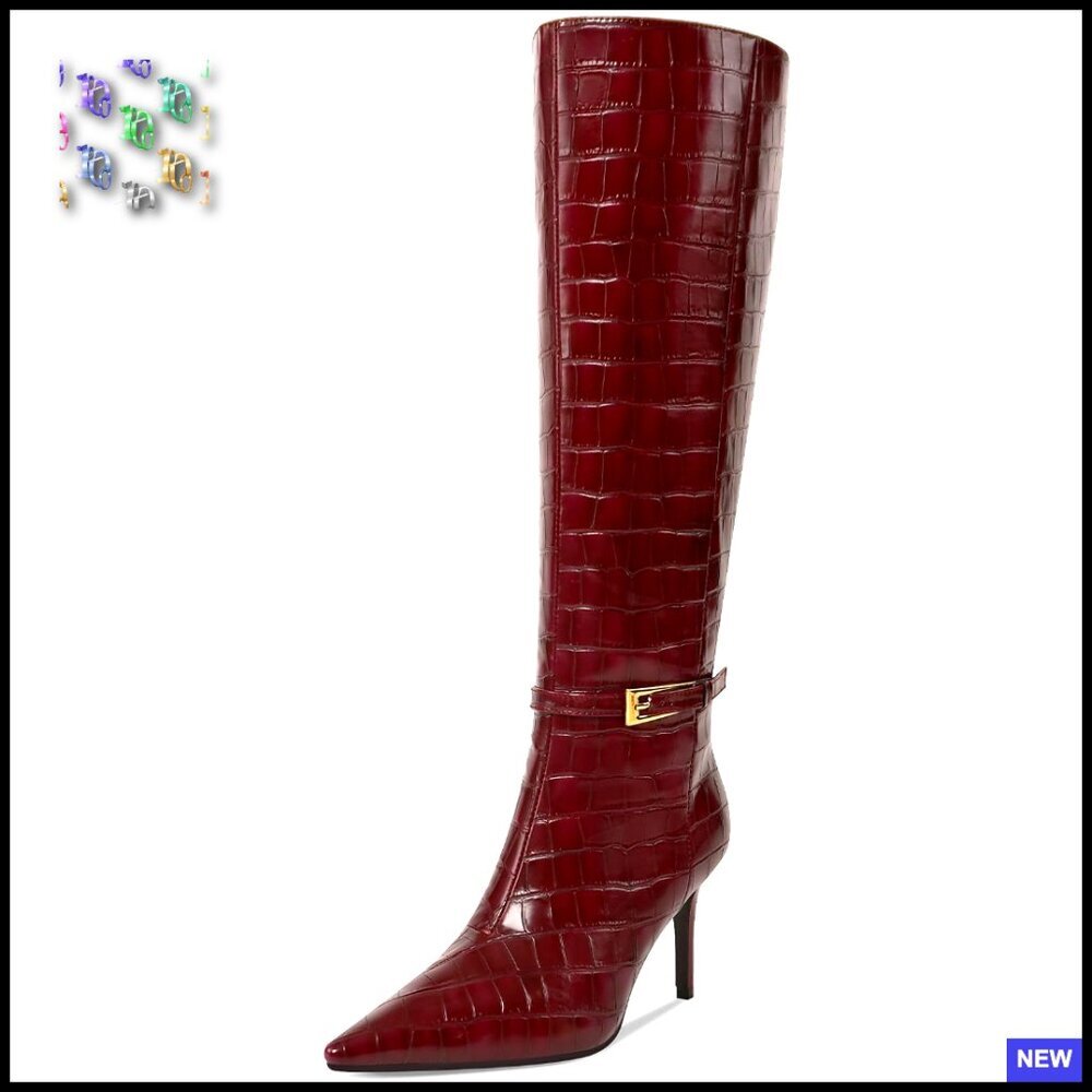 Knee High Stiletto Boots Pointed Toe Metal Buckle Faux Leather Dress Boots - Picture 1 of 7